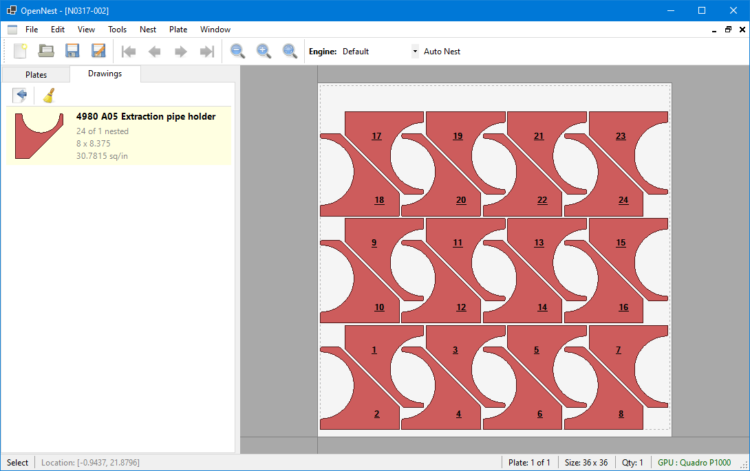 OpenNest - parts nested on a 36x36 plate