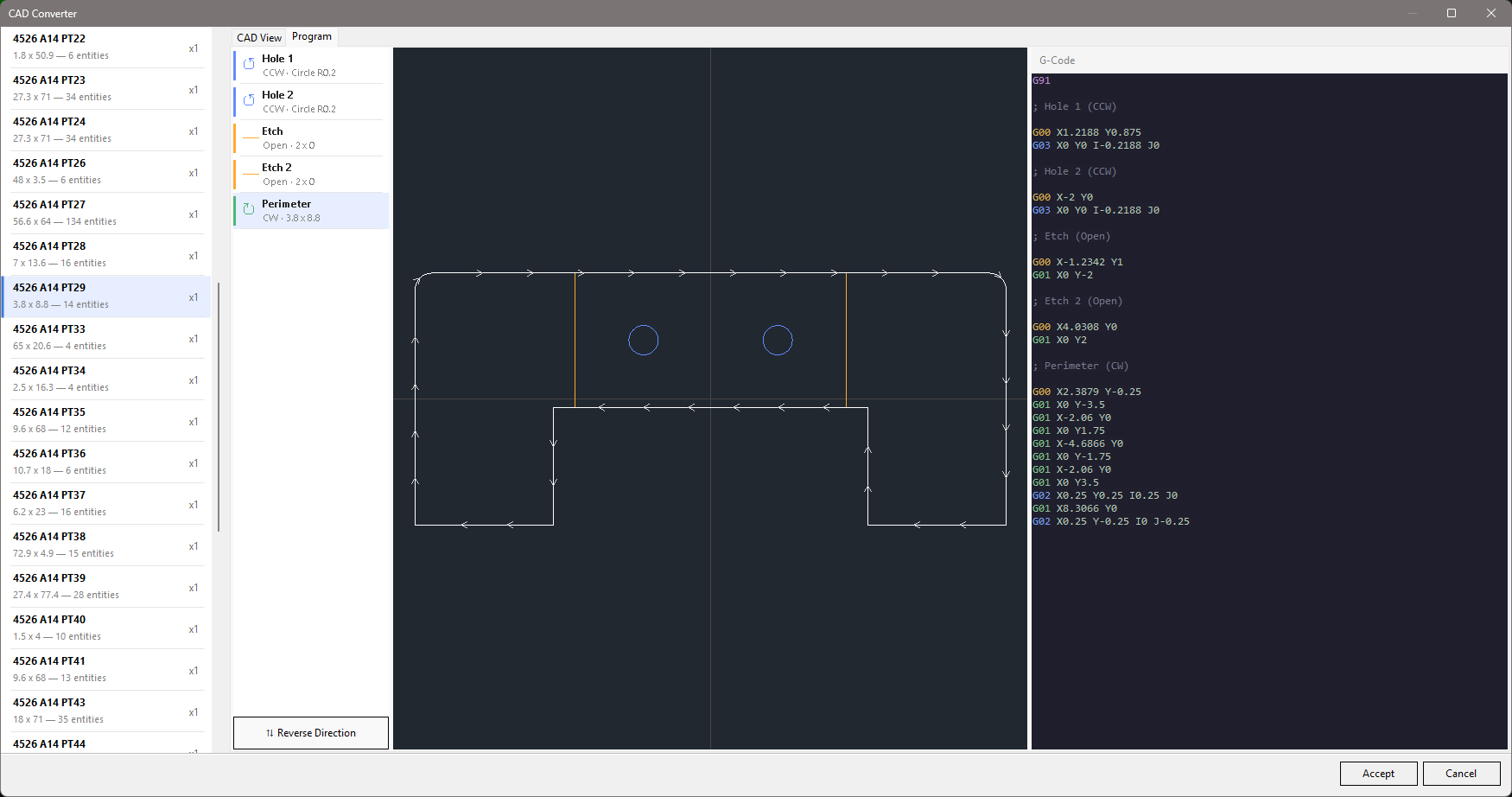 CAD Converter — contour list and G-code preview