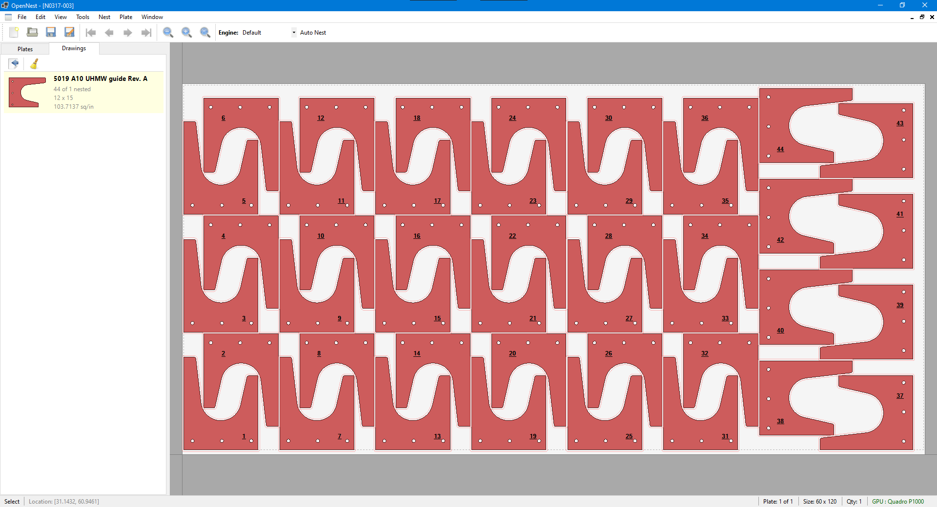 OpenNest - 44 parts nested on a 60x120 plate