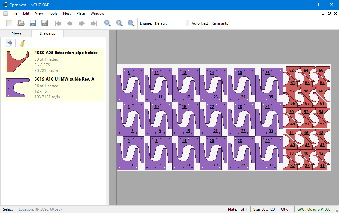 OpenNest - 44 parts nested on a 60x120 plate